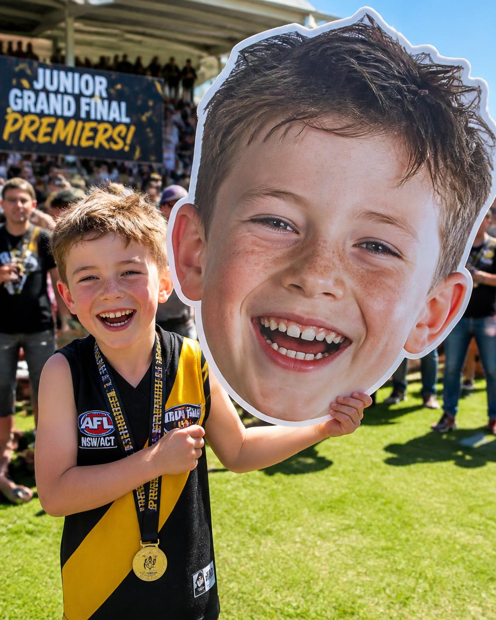 Junior player holding a giant Big Head cut-out at a grand final
